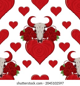 Vector seamless pattern with skulls of bulls, red hearts, roses and barbed wire on a light backdrop. Graphic print for clothes in youth style, wallpaper, wrapping paper or fabric design