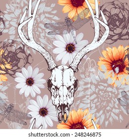 Vector seamless pattern and skulls deer  floral elements  flowers   dragonflies silhouettes