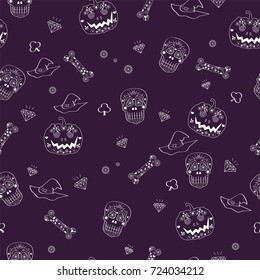 Vector seamless pattern with skulls, diamonds and pumpkins