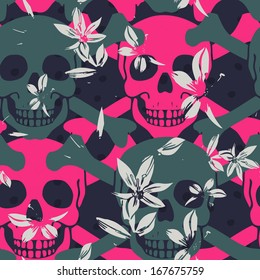 Vector seamless pattern with skulls and flowers