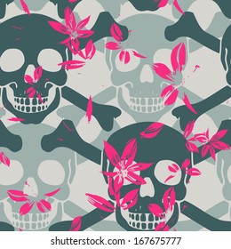 Vector seamless pattern with skulls and flowers