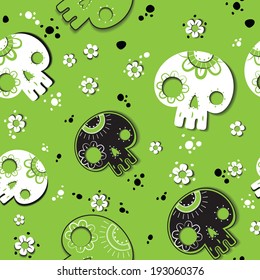 Vector seamless pattern with skulls and flowers. Skulls ornament. Vector illustration