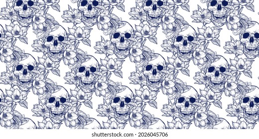 Vector seamless pattern with skulls with flowers. Hand-drawn illustrations in engraving style for Halloween, fabric, print, background. Magnolia and Skulls. Romantic, Rock, Goth, and Scary Background.