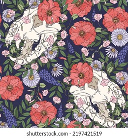 Patrón vectorial sin fisuras con cráneos y flores en un fondo oscuro. Dibujo manual. Fondo vectorial para la impresión en tela y otras superficies