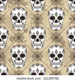 Vector seamless pattern with skulls. Grunge background with drops and splashes
