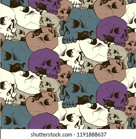 Vector seamless pattern with skulls. Halloween background. Vector illustration engraving style.