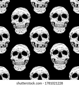 Image vectorielle motif harmonieux de crânes. Illustrations vectorielles dessinées à la main dans un style de gravure rétro pour t-shirt timbre, texture en tissu imprimé. Les éléments Rocher et Roll sont de style grunge. 