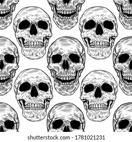 Vector seamless pattern with skulls. Hand drawn vector illustrations in retro engraving style for stamp t-shirt, print fabric texture. Rock and Roll elements grunge style. 