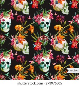 Vector seamless pattern with skulls and lily flowers,vector wallpaper