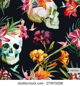 Vector seamless pattern with skulls and lily flowers