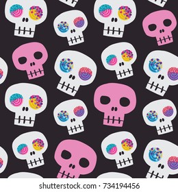 Vector seamless pattern with skulls on the black background