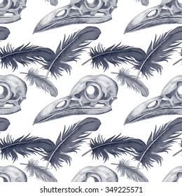 Vector seamless pattern with skulls and raven feathers. Black and white.

