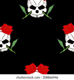 Vector Seamless pattern with skulls and rose black background