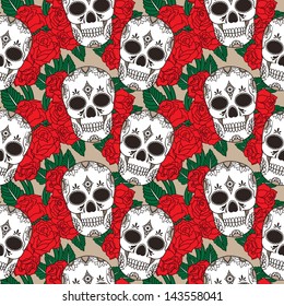 Vector seamless pattern with skulls and roses