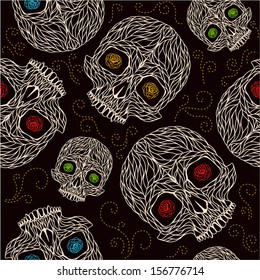 vector seamless pattern with skulls and roses