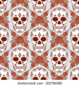 Vector seamless pattern with skulls and roses