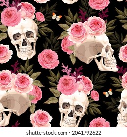 Vector seamless pattern with skulls and roses