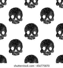 Vector seamless pattern with skulls in sketch style