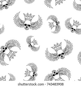 vector seamless pattern with skulls, wings and crown