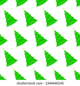 Vector seamless pattern with slant colorful christmas tree with gold star and garland isolated on the white background.