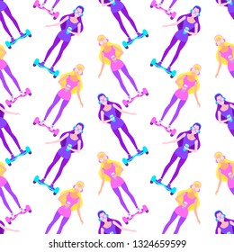 Vector seamless pattern with slant differently painted girls with headphones and coffee standing on self balancing electric scooter. Isolated on the white background.