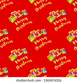 Vector seamless pattern with slant four different gift boxes and golden text Merry Christmas on red background.