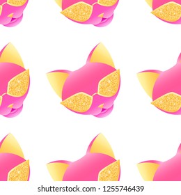 Vector seamless pattern of slant glamour cats pink face with golden glasses isolated on the white background.