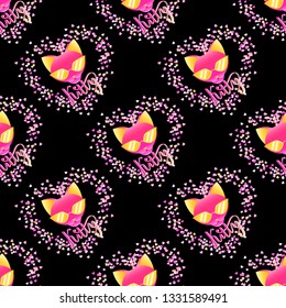 Vector seamless pattern with slant glamour pink cat face and hand drawn lettering Kitty in the frame of little hearts on the black background.