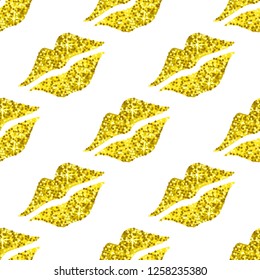Vector seamless pattern with slant golden glitter kiss imprints isolated on the white background.