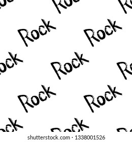 Vector seamless pattern with slant grunge hand drawn black lettering of word Rock isolated on the white background.