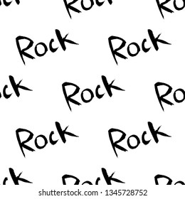 Vector seamless pattern with slant grunge hand drawn ink lettering of word Rock isolated on the white background.
