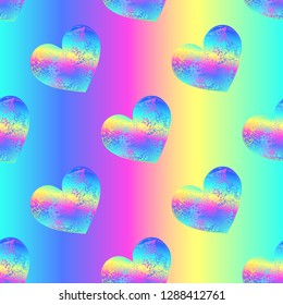 Vector seamless pattern with slant holographic shabby hearts with colorful streaks on the rainbow background.