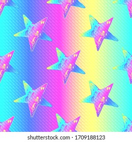 Vector seamless pattern with slant holographic scratched star imprints on the rainbow background. Colorful texture design.