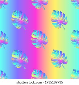 Vector Seamless Pattern with Slant Holographic Shabby Tropical Leaves with Colorful Streaks on the Rainbow Background. Art Background with Monstera.