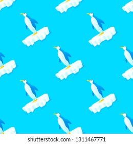 Vector seamless pattern with slant penguin drifting on ice floe on the blue background.