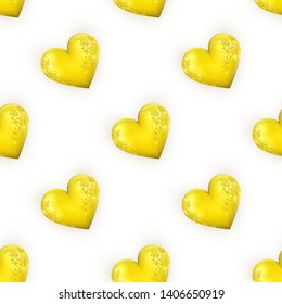 Vector seamless pattern with slant realistic 3d golden Hearts with glitter isolated on the white background. Texture for Valentines Day.