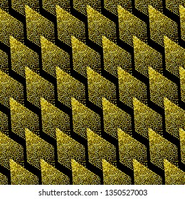 Vector seamless pattern with slant rhombuses made from glitter golden dust on the black background.