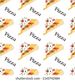 Vector seamless pattern with slant slice of pizza with falling products. Text Pizza. Isolated on the white background.