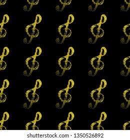 Vector seamless pattern with slant treble clef made from glitter golden dust on the black background.