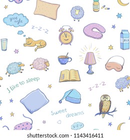 Vector seamless pattern of sleep and insomnia. Colored sketches on a white background
