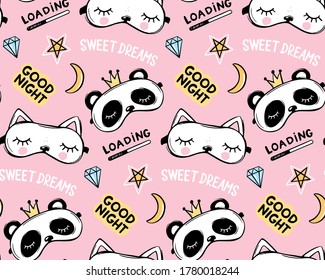 Vector seamless pattern with sleep masks, good night lettering quote, stars and sweet dreams phrase. Panda bear with crown and cute white cat. Cartoon animals background, texture.