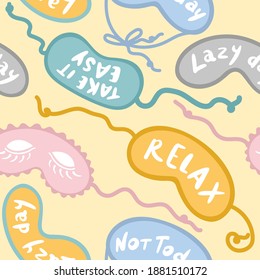 Vector seamless pattern of sleep masks. Rest, relaxation, good sleep. Face masks with lettering design for printing on textiles, packaging, paper, wallpaper.