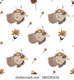 vector seamless pattern of sleep rabbits and floristry elements on a white background