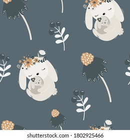 vector seamless pattern of sleep rabbits and floristry elements on a blue background