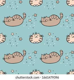 Vector seamless pattern with sleeping cats and stars.  Turquoise and beige colors. Cute design for fabric and baby products.