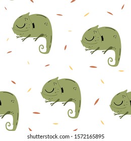 Vector seamless pattern with sleeping chameleon in hand drawn, Doodle style. Cute animal print. Wildlife
