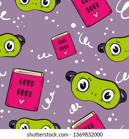 Vector seamless pattern with sleeping mask and book on purple background. Good for printing. Wallpaper and fabric design. Wrapping paper pattern.