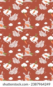 Vector seamless pattern with sleepy bunnies, big fresh orange carrots. Funny dreaming rabbits. Cartoon animals cute print. Element for fashion textile design, advertising layout, baby food packaging