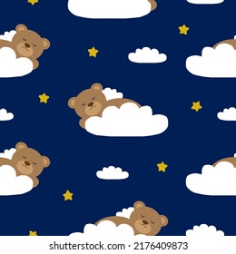 Vector seamless pattern with sleepy teddy bears, clouds and stars