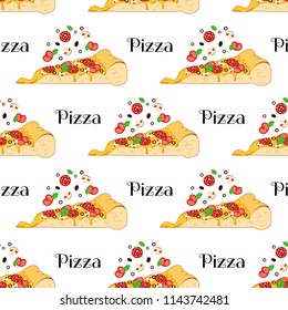 Vector seamless pattern with slice of pizza with falling products. Text Pizza. Isolated on the white background.
